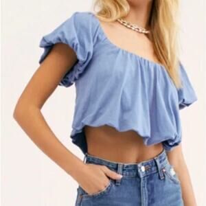 Free People Sunnie Tee Blue Puff Sleeve Cropped Bubble Periwinkle Blue Sz Medium